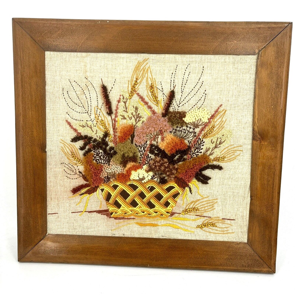 Vtg Latch Hook Rug Wall Hanging Handmade Fall‎ Basket Framed Art 26" x 22" MCM